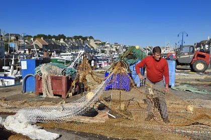 France, Calvados, Cote de Nacre, Port en Bessin, the fishing port, fisherman repairing fishing nets
