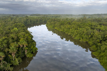 France, French Guiana, Kourou, Camp Maripas, the Kourou River flowing through the rainforest (aerial view)