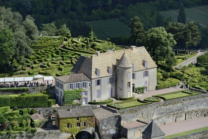 France, Dordogne, Perigord Noir, Dordogne Valley, Vezac, Les Jardins du château de Marqueyssac of the 18th century, park and castle (aerial view)