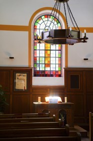 France, Haut Rhin, Kaysersberg, native house of Doctor Albert Schweitzer, the protestant church where his father officiated