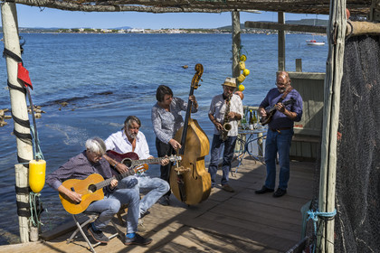 France, Hérault (34), Sète,  Pointe du Barrou sur les rives de l'étang de Thau, le groupe de musique Au Bois de mon cœur qui réinterprète les chansons de Georges Brassens, il est mené par le pêcheur sétois Jean-Louis Lambert au chant et à la guitare, Georges Cabaret à la guitare solo, Guy Blanc dit Guet au saxo alto, Denis Benito à la mandoline bluegrass et Tatiana à la contrebasse