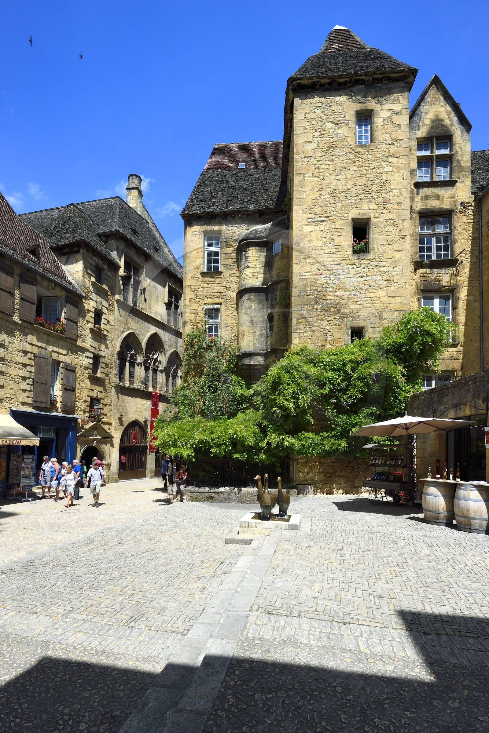 France, Dordogne (24), Périgord Noir, vallée de la Dordogne, Sarlat-la-Canéda, Place du marché aux oies, les oies statue par Lalanne, en arrière-plan l'Hotel de Vassal du XVème siècle