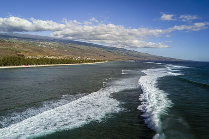France, Reunion Island (French overseas department), West Coast, Saint Gilles les Bains lagoon beach at Ermitage les Bains, the eastern limit of the lagoon (aerial view)