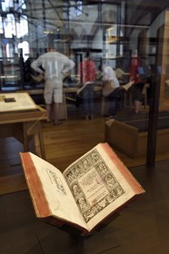 France, Bas Rhin, Selestat, the Humanist Library refitted by architect Rudy Ricciotti, coming at the beginning from the personal library of Beatus Rhenanus (1485-1547), the book In Praise of Folly (1515) by Erasme printed by Johann Froben in Basel in 1515