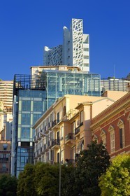 Principality of Monaco, Monaco, La Condamine district, the Simona building designed by architect Jean-Pierre Lott and buildings of Avenue Prince Pierre in the foreground