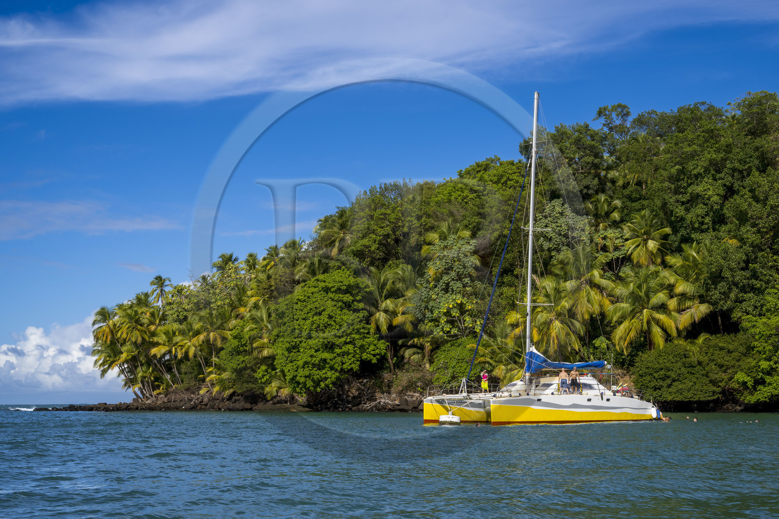 France, French Guiana, Kourou, Salvation Islands (Iles du Salut), Saint Joseph Island, tourists spending the day on a catamaran