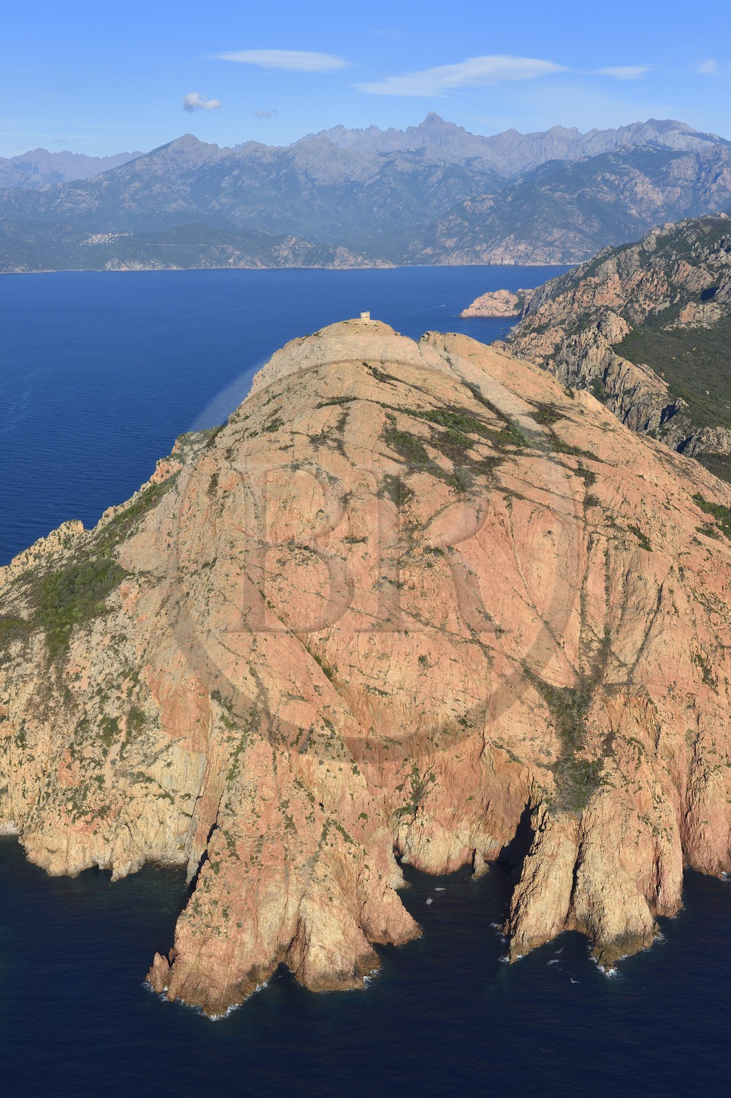 France, Corse du Sud, Golfe de Porto, listed as World Heritage by UNESCO, the Capo Rosso and the Genovese Tower of Turghiu (Turghio) in the background (aerial view)