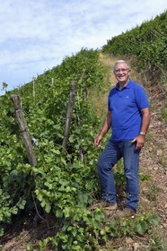 France, Haut-Rhin (68), Route des vins d'Alsace, Thann, vignoble Grand Cru de Rangen, le viticulteur Eugene Schnebelen propriétaire du Clos de la Chapelle Saint-Urbain