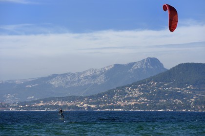 France, Var, Hyeres, Giens peninsula, Almanarre beach, Ariane Imbert on kitefoil, Kitesurf triple champion of France and Vice-World Champion of Race 2014