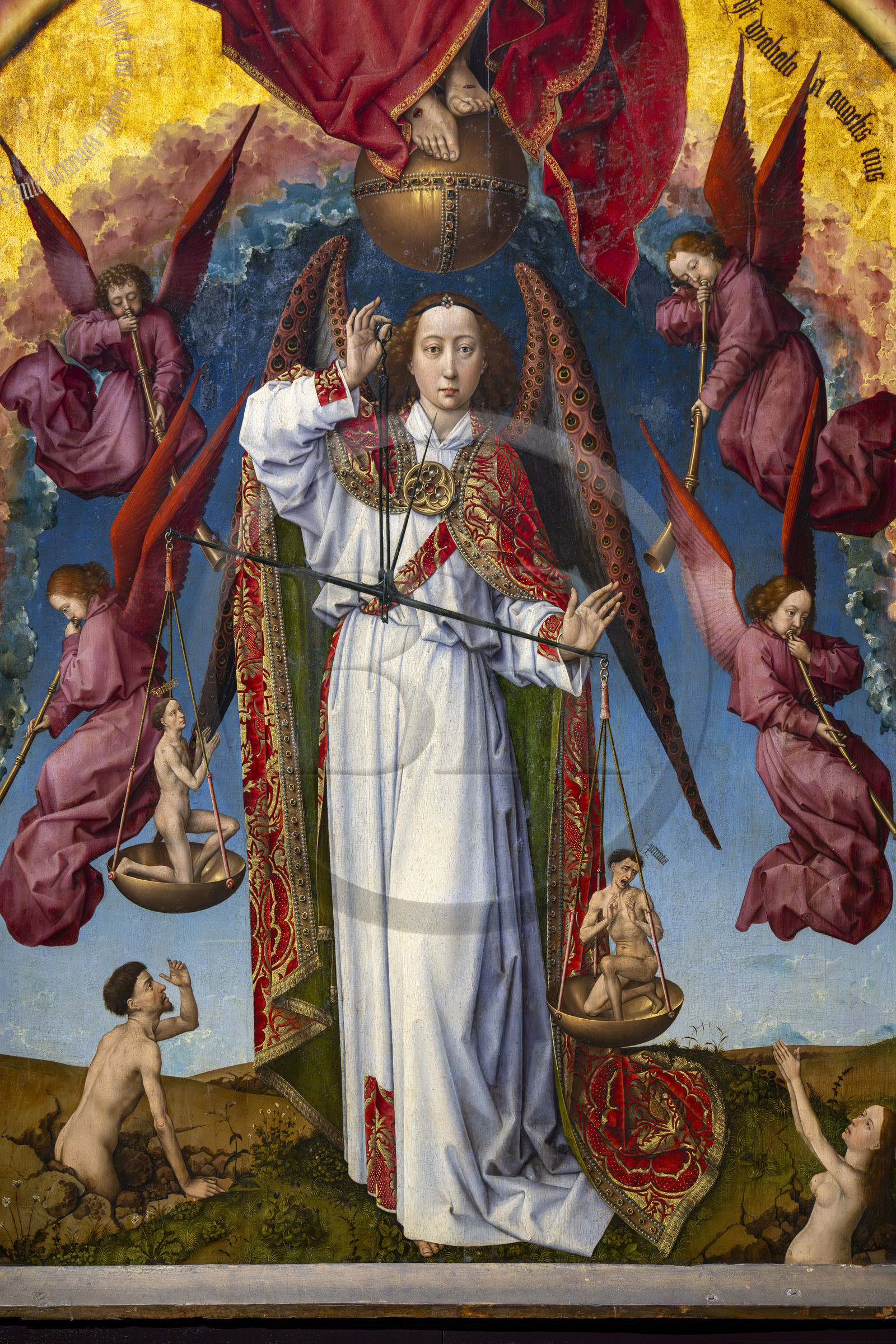 France, Côte-d'Or (21), Beaune, zone classée Patrimoine Mondial de l'UNESCO, Hospices de Beaune, l'Hôtel-Dieu, salle du Polyptyque, polyptyque du Jugement Dernier ouvert, oeuvre réalisée au XVe siècle par de Rogier Van Der Weyden (détail)