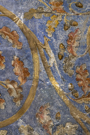 France, Vaucluse (84), Avignon, Palais des Papes classé Patrimoine mondial de l'UNESCO, la tour des Anges ou tour du pape, chambre du Pape, un espace végétal à deux dimensions fait de rinceaux de vigne et de chêne, parsemés d’oiseaux et d’écureuils, orne les murs sur un fond bleu ciel