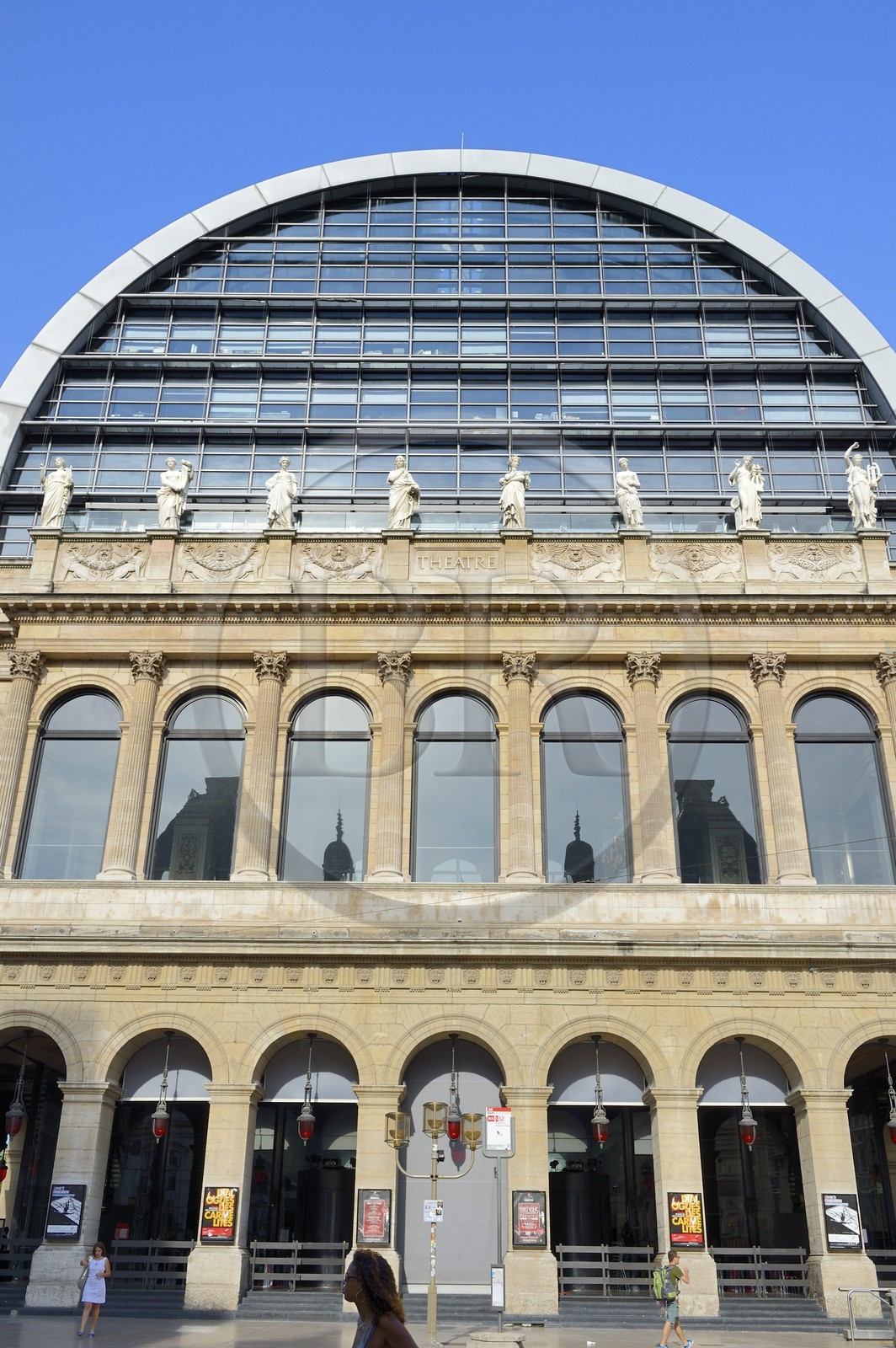 France, Rhone, Lyon, historic site listed as World Heritage by UNESCO, front of the building of the Opera de Lyon designed by architect Jean Nouvel, the Muses of the pediment