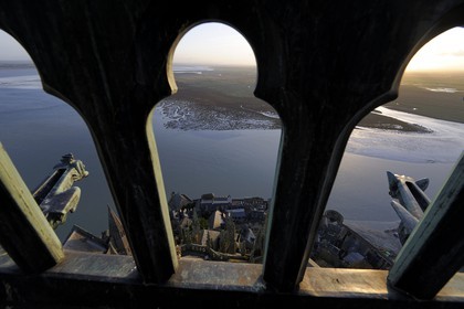 France, Manche, Mont Saint Michel, listed as World Heritage by UNESCO, Apse and the bay seen from the spire at dawn