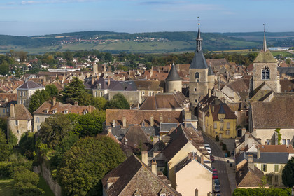 France, Yonne, regional natural park of Morvan, Avallon, the old town, the Clock Tower and the collegiate church of Saint-Lazare on the right (aerial view)