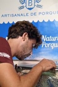 France, Var, Iles d'Hyeres, Parc National de Port Cros (National park of Port Cros), Porquerolles island, Guillaume Bidaut from Hypaea-La Brasserie Porquerollaise (the Porquerolles Brewery) in his manufacturing workshop