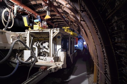 France, Moselle, Petite Rosselle, carreau Wendel museum, bottom of the mine reconstruction, rock digging gallery, Manual drilling machine used for drilling galleries