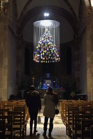 France, Bas Rhin, Strasbourg, Selestat, Sainte-Foy church, chandelier made up of 173 Meisenthal glass Christmas baubles which is a contemporary evocation of the church's old chandeliers