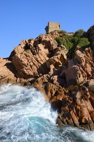 France, Corse du Sud, Golfe de Porto, listed as World Heritage by UNESCO, the Genoese tower above the port pass of Porto