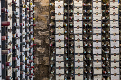 France, Cote d'Or, cultural Landscape of the climates of Burgundy listed as World Heritage by UNESCO, Route des Grands Crus (road of Vintage Wines), vineyard of the Côte de Nuits, Vougeot, the Chateau of Clos de Vougeot, wine library in the cellar of the Château du Clos de Vougeot with the plaques from the annual tastings
