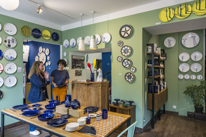France, Nièvre, Nevers, Faïencerie Georges, graphic designer Carole Georges reinvents earthenware featuring marine animals, starry skies and hikers, making them more contemporary