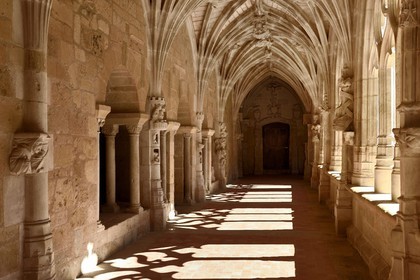 France, Dordogne (24), Périgord Noir, Le Buisson-de-Cadouin, abbaye de Cadouin, étape sur le chemin de Compostelle, site classé Patrimoine Mondial de l'UNESCO, le cloitre du XVe siècle, galerie orientale qui s'ouvre sur la salle capitulaire à gauche et Porte du crucifix en arrière plan