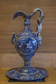 France, Nièvre, Nevers, Museum of Earthenware (musée de la Faïence) and Fine Arts, Ewer, decoration of hunting scenes The legend of Saint Hubert, Le Bout du Monde factory (1889)