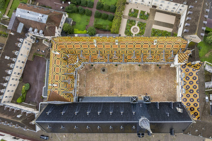 France, Cote d'Or, Beaune, area listed as World Heritage by UNESCO, Hospices de Beaune, Hotel Dieu courtyard of honor (aerial view)