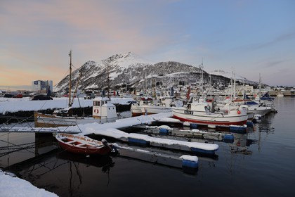 Norvège, Nordland, iles des Westeralen, port de Myre à la nuit tombante