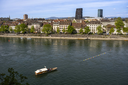 Suisse, Bâle, quartier du Petit Bâle sur la rive droite du Rhin, un des quatre petits bacs, les Fähri, en activité depuis le XIXème siècle qui relient les rives du Rhin