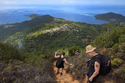 France, Mayotte island (French overseas department), Grande-Terre, Southern Crete Forest Reserve (Reserve Forestiere des Cretes du Sud), hikers coming down from the summit of Mount Choungui (594 meters)