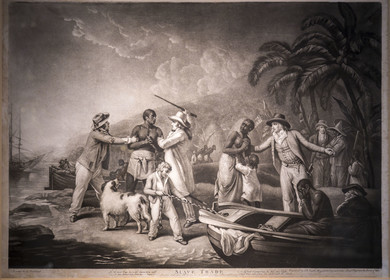 France, Morbihan (56), Port-Louis, la citadelle de Port-Louis, musée de la Compagnie des Indes, Slave Trade (excecrable human trafic) de Georges Morland, gravure Londres 1791, une des première oeuvre picturale dénonçant  la traite humaine