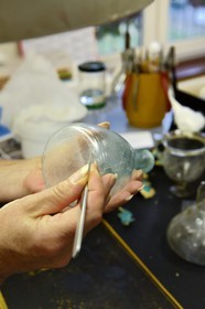 France, Isere, Vienne, Restoration and municipal archaeological study center (CREAM), conservation and restoration workshop of archaeological objects of metal, glass, ceramic as well as molding and preventive conservation, roman glass jug probably of the first century