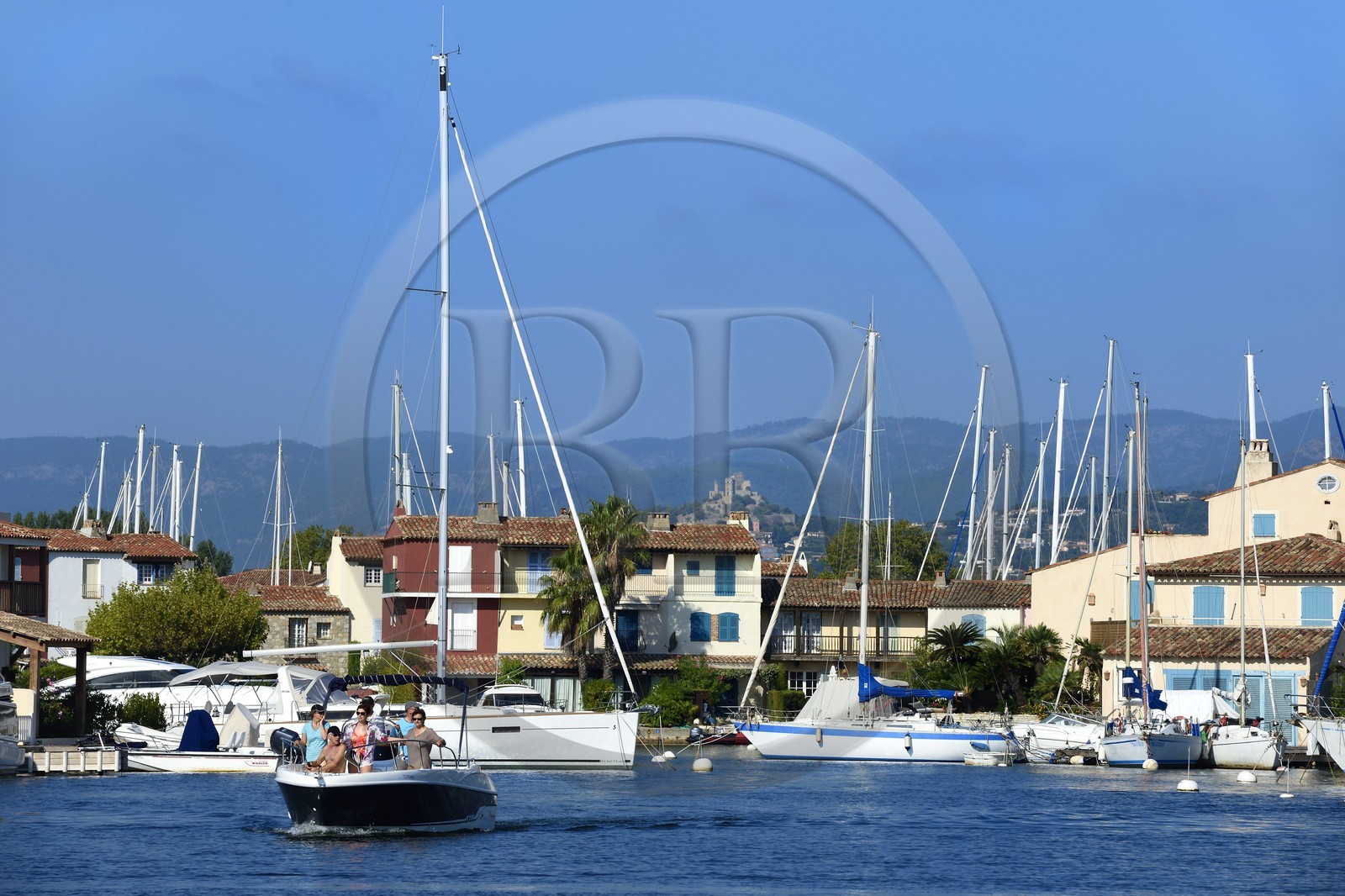 France, Var, Gulf of St Tropez, the Port Grimaud seaside town, houses with private jetty