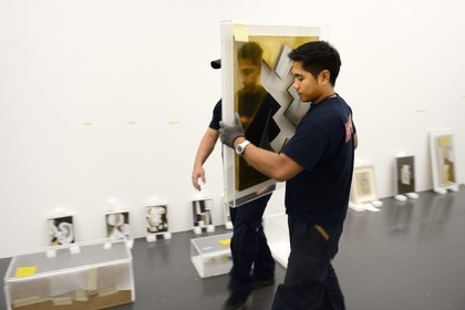 France, Moselle, Metz, Amphitheatre district, Centre Pompidou Metz, art center designed by architects Shigeru Ban and Jean de Gastines, installation of the Hans Richter exhibition