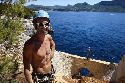France, Bouches du Rhone, Cassis, National Park of the Calanques, Cassis bay, Cacau Point, restoration of Hoppers by roped workers of Alpes de lumière association