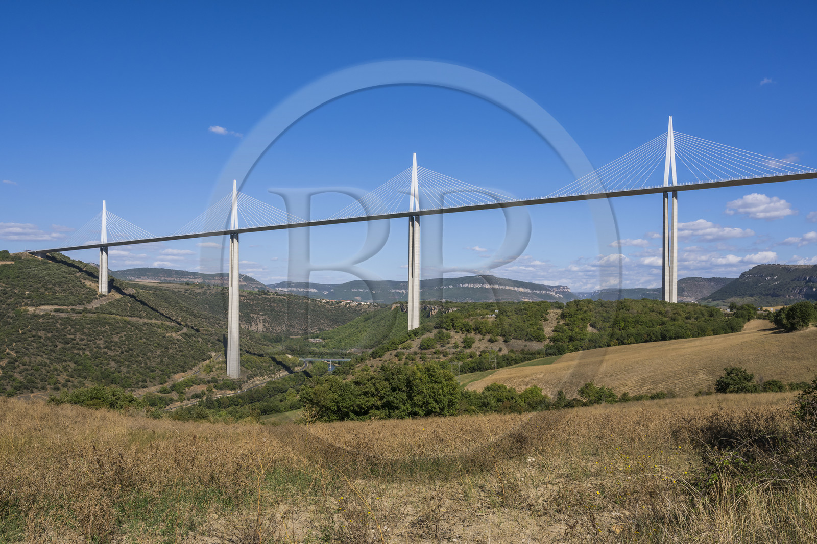 France, Aveyron (12), parc naturel régional des Grands Causses, Millau, le viaduc de Millau des architectes Michel Virlogeux et Norman Foster, entre le Causse du Larzac et le Causse de Sauveterre au dessus du Tarn