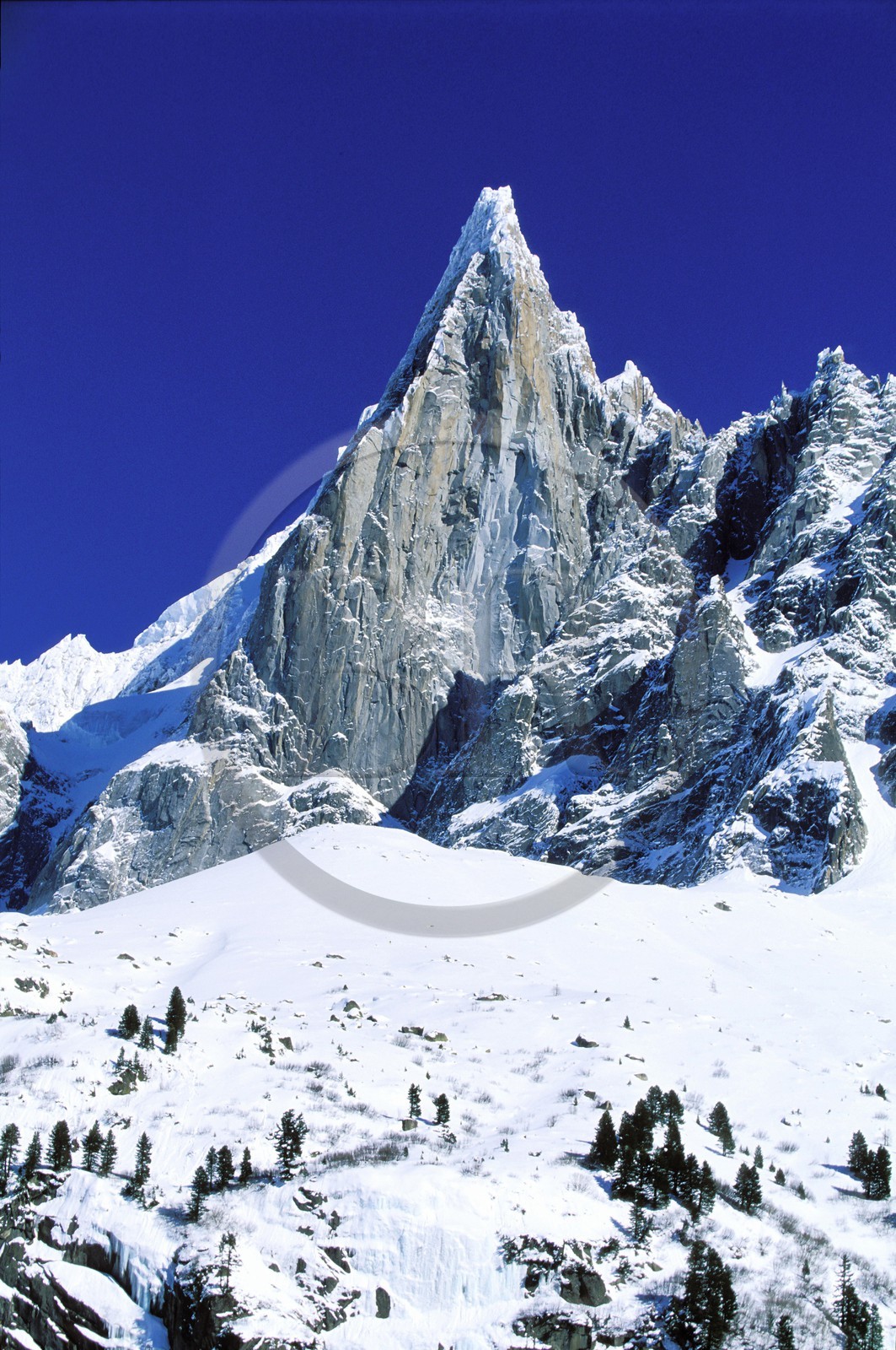 France, Haute-Savoie (74), vallée de Chamonix, la Mer de glace dans la Vallée Blanche, Mont-Blanc, l'Aiguille du dru au sommet de l'Aiguille verte