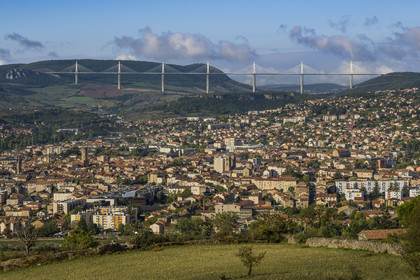 France, Aveyron, Grands Causses regional natural park, Millau city and the Millau viaduct by architects Michel Virlogeux and Norman Foster in the background