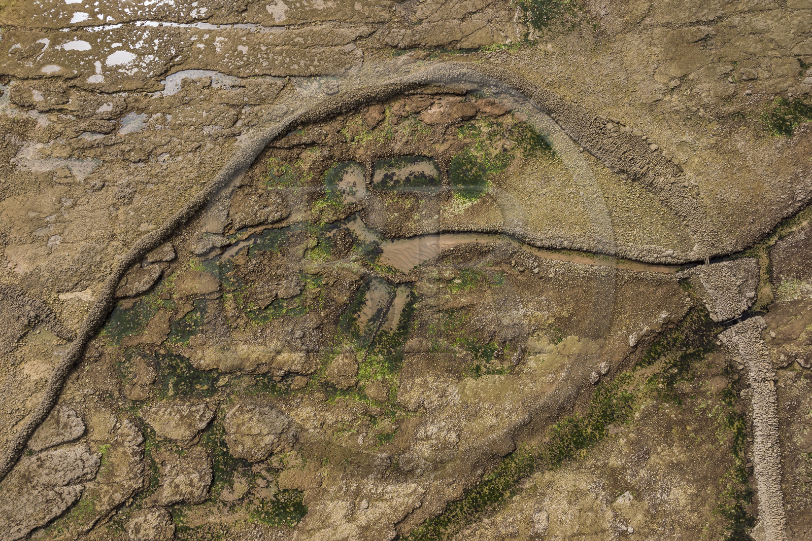 France, Charente-Maritime (17), Ile d'Oléron, Saint-Georges-d'Oléron, plage des Sables Vignier à marée basse, l'écluse à poissons des Basses (vue aérienne)