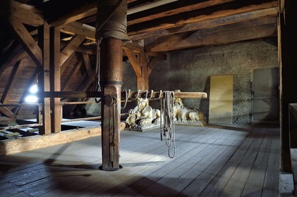 France, Bas Rhin, Strasbourg, old town listed as World Heritage by UNESCO, Notre Dame Cathedral, frame of the attic of the nave and a capstan that used to mount materials