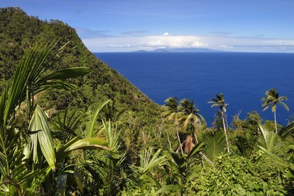 Caribbean, Dominica Island, landscape on segment 13 of the Waitukubuli National Trail in the north of the island between Pennville and Capuchin, Les Saintes in French Guadeloupe in the background