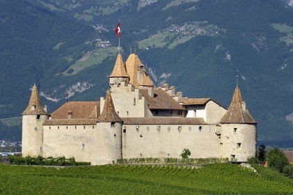 Switzerland, Canton of Vaud, Aigle, the castle surrounded by vineyards, it houses the Museum of Vine and Wine