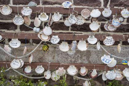 France, Cotes d'Armor, Grand Site de France Cap d'Erquy - Cap Frehel, Erquy, the Saint-Michel islet , the Saint-Michel chapel, ex voto on scallop shells