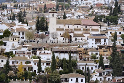 Spain, Andalusia, Granada, Albaicin District listed as World Heritage by UNESCO and San Nicolas church