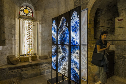 France, Aveyron, Millau, the belfry of Millau, stained glass window by master glassmaker Claude Baillon, installed in Millau for 50 years