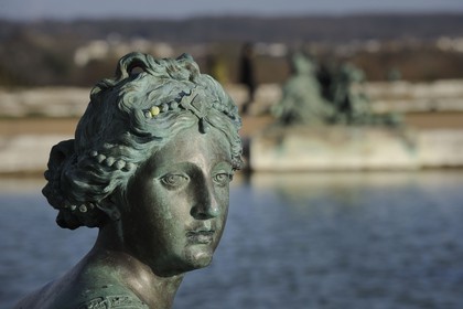 France, Yvelines, parc du Chateau de Versailles, listed as World Heritage by UNESCO, statue showing a river around the Parterre d'eau