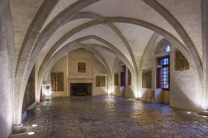 France, Aveyron, Causses and the Cévennes, cultural landscape of Mediterranean agro-pastoralism, listed as World Heritage by UNESCO, Sainte-Eulalie-de-Cernon, Templar Commandery then Hospitaller Commandery of the Order of Saint John of Jerusalem, the large hall used as a refectory and meeting place for the chapter