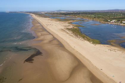 Portugal, Algarve, Ria Formosa Nature Park, Tavira, village of Cacela Velha beach (aerial view)