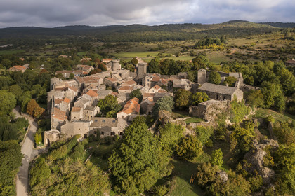 France, Aveyron, Causses and the Cévennes, cultural landscape of Mediterranean agro-pastoralism, listed as World Heritage by UNESCO, La Couvertoirade, labelled Les Plus Beaux Villages de France (The Most Beautiful Villages of France), fortified village on the Larzac plateau (aerial view)