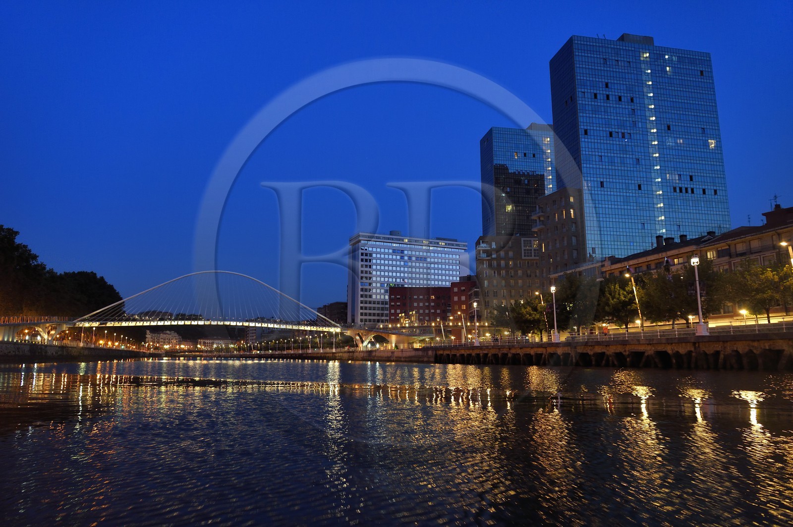 Espagne, Pays basque espagnol, Biscaye, Bilbao, passerelle suspendue Zubizuri dessinée par l'architecte Santiago Calatrava sur le Ria de Bilbao